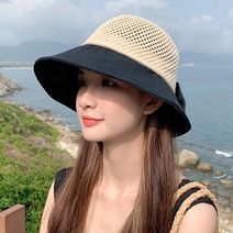 HM 여성 메쉬 리본 포인트 챙 넓은 모자