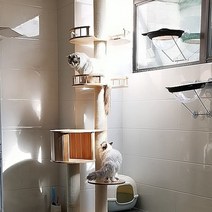 고양이 캣타워 원목 나무 캣폴 놀이터 숨숨집 하우스 집 빌딩 폴 프레임, 더블 점프대싱글룸전망대 4층