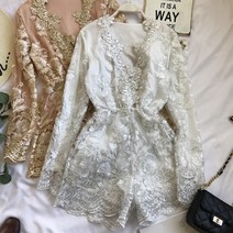 롬퍼 바디슈트 성인 원피스봄가을 v넥 레이스 Plysuits 여성 odyon 후크 꽃 점프 슈트 긴 소매 메쉬 롬퍼