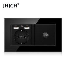 Jhjch-EU 표준 벽 소켓 + 전화 TV 강화 유리 블랙 rj45 cat6 벽 소켓 + 컴퓨터 인터넷 소켓 146*86mm, 11 USB TV