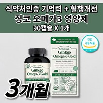 10대 청소년 고3 수험생 노인 어르신 뇌 두뇌 기억 기능 학습 집중력 단어 색채 기억력 저하 감퇴 예방 혈액순환 혈관 좋은 건강 식품 은행잎추출물 징코 오메가3 영양제 90캡슐, 1개