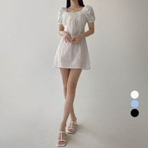 (무배)스퀘어넥 퍼프 리본 린넨 반팔 미니 원피스