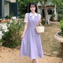 빅사이즈 여성복 반팔 여름 레트로 미디 원피스 프렌치 카라 컨셉사진 빈티지 스커트