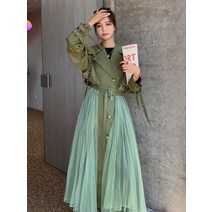 미니멈 원피스 봄 롱원피스 A라인 하객룩 윈드 브레이커 드레스 여성 긴 섹션 가을 허리 기질 디자인 메쉬 접합 정장 재킷