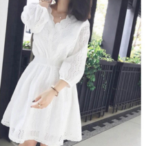 [엔젤D] 55-66 사이즈 여성 웨이브 브이넥 코튼 아사 펀칭 레이스 원피스