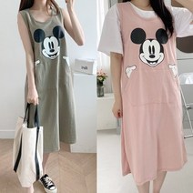 미키캥거루 나시원피스)디즈니정품 민소매 롱나시티 포켓주머니 미키얼굴 나시롱티셔츠 주머니 그림나염