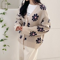봄 데일리 캐주얼 브이넥 V넥 단추 플라워 꽃 무늬 패턴 루즈핏 니트 가디건