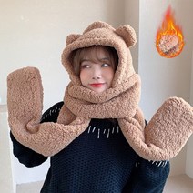 겨울방한모자 플러시 모자 스카프 세트 따뜻하고 귀여운 곰 귀 여성용 패션 솔리드 참신한 비니 선물 겨울