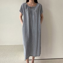 [어반프랑] 모바 스트라이프 캡소매 리본 루즈핏 트임 롱원피스