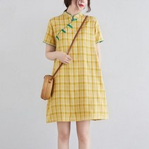 Choyur 쉬밥 여성 린넨 원피스 캐주얼 여름 체크 루즈핏