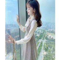 DZER 여성 원피스 리본 체크 스트라이프 원피스 투피스