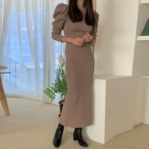 나인포시즌 야미 가을 겨울 11월 12월 결혼식 하객룩 레이어드 어깨 퍼프 벌룬 골지 슬림 무지 니트 H라인 슬림 뒷트임 원피스 데이트룩 데일리룩