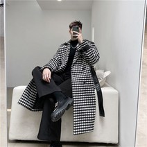 겨울 남자 하이넥 더블카라 체크 모직 코트 힙한 캐주얼 루즈핏 연예인 ST 아메카지 코디
