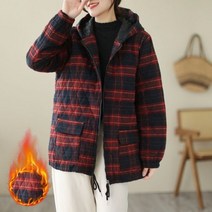 중여성 50대 60대 여성 크롭 0 봄 가을 후드 코튼 외투 오버핏 체크 무늬 재킷 얇고 빅사이즈 사이즈면 패딩