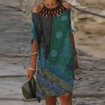 휴양지원피스 엄마돌원피스 돌맘드레스 복고풍 프린팅 v넥 반팔 루즈핏 비치 드레스 여성용 편안한 캐주얼