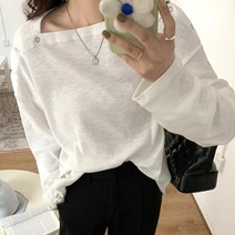 네모엔룩 여성용 버튼오프숄더 루즈핏 티셔츠