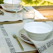 샤르베에디션 본 아페티 린넨 테이블 매트 프랑스 키친크로스, (화이트/블랙)