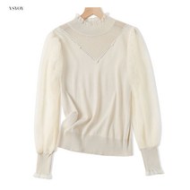 VSYOY 레이스 브이넥 펀칭 니트 여성복 느낌 얇은 상의