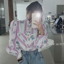 퐁순싸롱 하이넥 퍼프 플라워 꽃무늬 보석 블라우스 SY