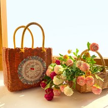 앵두 자수 핸드메이드 빨대바구니 피크닉 목욕 라탄무늬 빈티지 핸드백 토트백