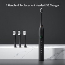 울트라 소닉 USB 충전식 성인용 치아 미백 스마트 타이머 음파 전동 칫솔 IPX7 방수 4 헤드, black