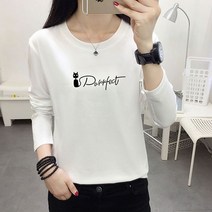 일월전빵 가을 기본 이너티 빅사이즈 루즈핏 고양이 레터링 라운드 여성 긴팔티셔츠 B-C020