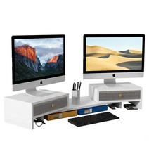 LAPTAIN 무선 충전 및 USB 3.0 허브 포트 4개가 있는 듀얼 모니터 스탠드 라이저 길이 각도 조절 가능한 컴퓨터 PC 노트북 맥북용 데스크탑 오거나이저, Dual Drawer
