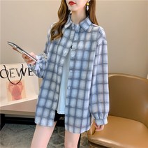 패스타임 봄 가을 체크 남방 여성 오버핏 긴팔 자외선차단 얇은 셔츠 데일리 루즈핏