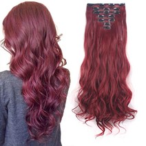 [정품] LELINTA 7피스 클립 16개 61cm(24인치) 웨이브 컬리 풀 헤드 클립, Rose Red