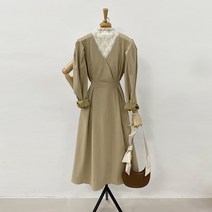 초봄까지 쭉 레이스 폴라 레이어드 브이넥 퍼프소매 플레어 롱원피스
