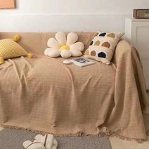 심플 모던 크림색 소파 커버 소파 타월 논슬립 풀커버 소파 매트 소파 커버 ins 풀백, 카멜-정자체크, 90*90cm 쿠션/테이블보 적합