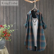[Kingfishe]여성 롱 셔츠 체크 남방 긴팔 오버핏 셔츠 Kingfishe ZZ519FZ09