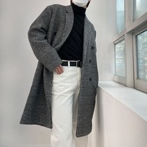 오버핏 울 글렌체크 남자 더블 코트
