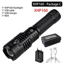 높은 강력한 xhp160 led 손전등 슈퍼 밝은 줌 가능 전술 손전등 18650 또는 26650 배터리 usb 충전식 토치, xhp160-c, 2600mah-18650