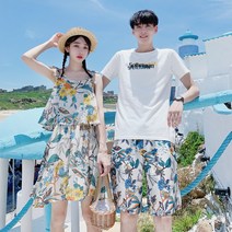 커플룩 커플 드레스 여름 꽃 하이난 휴가 해변 반팔 티셔츠 반바지 여성 제주도여행