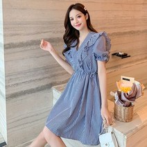 [이꾸띠] 고갸지에이리 여성 여름 브이넥 스트라이프 프릴 퍼프소매 원컬러 무릎길이 원피스