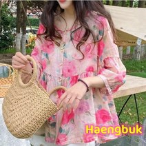 Haengbuk 귀요미수채화블라우스 여성블라우스 7부 단추