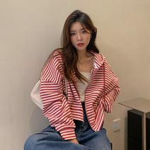 박카라 스트라이프 후드집업 코트 여 가을 캐주얼 긴팔 상의 루즈핏 카디건