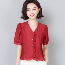 여름 카허리 블라우스 쇼트 서양풍 고급스러운 브이넥 셔츠 여 여름 쉬폰 상의