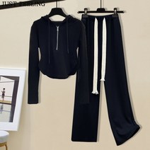 JUST FEEL!NG 패션세트 여성 봄 가을 불규칙 긴팔 슬림핏 상의 데일리 슬랙스 와이드 조거 팬츠 츄리닝 2종 세트