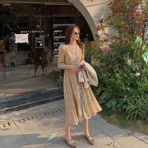 C.ONLIE SHOP브이넥 옐로우 라인버튼 앞트임 봄 플라워쉬폰원피스 원피스 하객룩 하객원피스