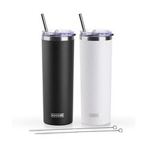 koodee 빨대 달린 591 5ml(20온스) 스키니 텀블러 스테인리스 스틸 이중벽 단열 슬림 여성 남성용 DIY 생일 선물 (퍼플) 미국직송, 2 Count (Pack of 1), 블랙-화이트.