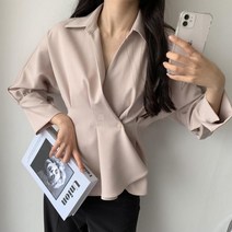 여자 오버랩 랩스타일 플레어 무지 블라우스