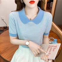 스타일아유 여성 여름 비스코스 시원한 단가라 줄무늬 배색 카라 브이넥 슬림 스트라이프 반팔 니트 티셔츠