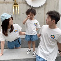 가족사진의상 해변 휴가 여행 패밀리룩 슈퍼 핫 엄마와 딸 아빠와 아들 레인보우 반팔 티셔츠