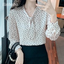 나바바 NB1006 여성 레트로 도트 리본넥 블라우스