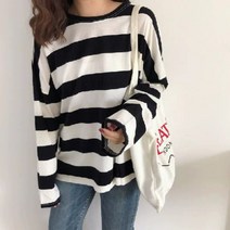 봄가을 상의 긴팔 티셔츠 여한판 와일드 스트라이프 루즈핏 여성복 레깅스