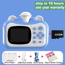 입문자용카메라 미니 인스턴트 인쇄 디지털 1080p hd 비디오 사진 장난감 32gb 카드 열 인쇄, 파란색 32g TF 카드
