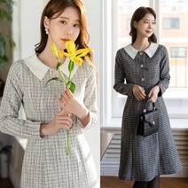 시크라인 엣지 플랫 배색 카라 골드 버튼 트위드 원피스