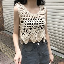 니트끈나시 숏 매너 캐미솔 여성 아웃코디 클래식 펀칭 블라우스 후크꽃 민소매 베스트 조끼 2179588442